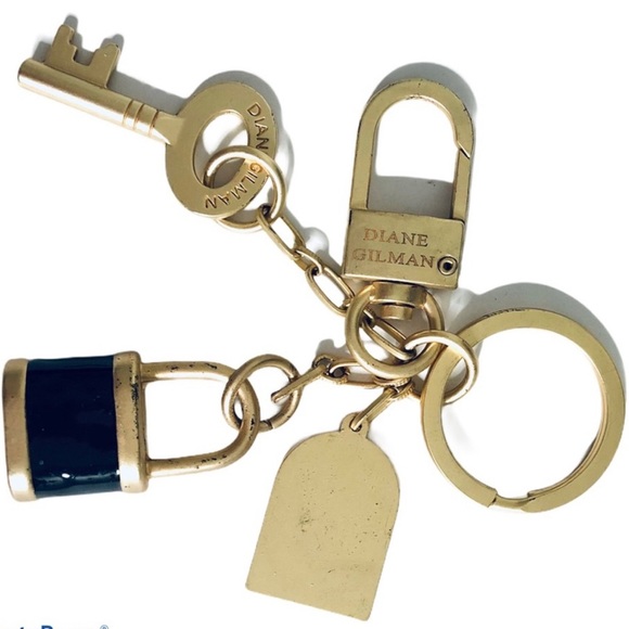 Vintage DG2 Purse Charms Keychain Black Gold Belt Chain Diane Gilman Key Lock - Picture 7 of 8